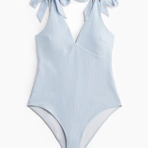 H&M Women’s Blue and White Striped One Piece Swimsuit Pinstripe Medium